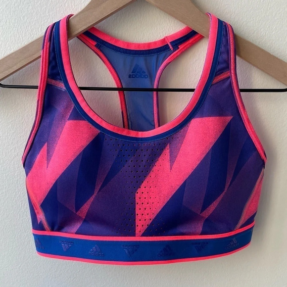 adidas Don't Rest Alphaskin Graphic Bra, Signal Pink/Royal Blue - Picture 1 of 11